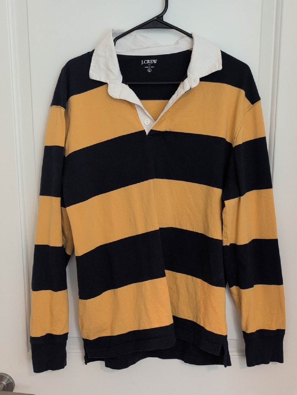 J. Crew Black and Mustard Striped Rugby Pullover Large